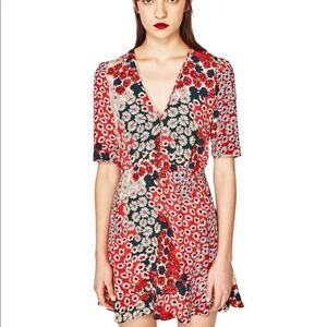 Zara Trafaluc Red Patchwork Floral Daisy V-Neck Mini Dress Womens Size Medium
